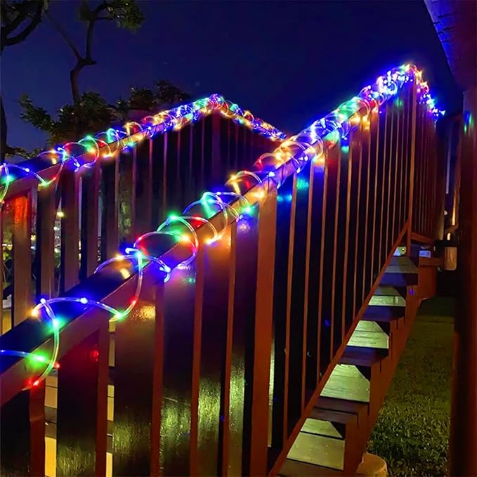 YEGUO Solar Rope Light Outdoor Waterproof, 66ft 200 LED Multicolor String Lights, 8 Modes Tube Christmas Lights in Clear Thin Tube