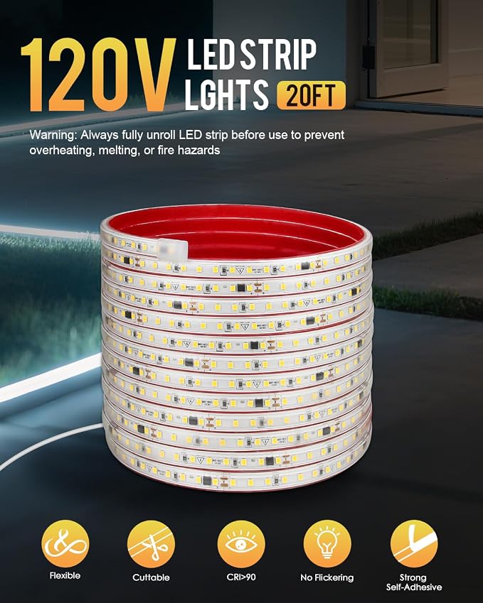 Aclorol 120V LED Strip Lghts 20FT Cold White 6000K Super Bright Rope Lights for Outside IP67 Waterproof LED Light Strip with Slef-Adhesive for Kitchen Cabinets Living Room Deck Yard Garage 720LEDs