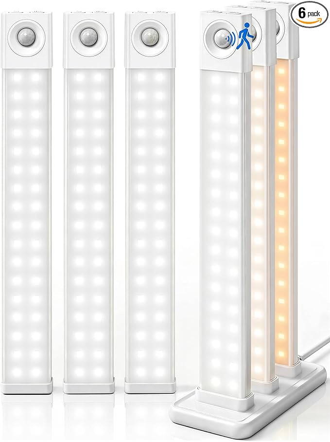 EZVALO 6 Pack LED Under Cabinet Lights Wireless with Charging Station, 11.8'' Motion Sensor Light Indoor, 1100mAh Rechargeable, 3 Color Temperatures, Dimmable Closet Lights for Pantry, Hallway, Stair