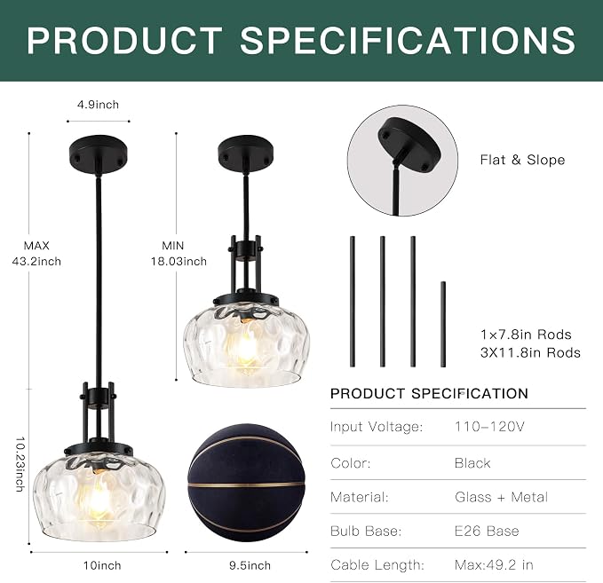 10 Inch Pendant Lights Kitchen Island, Black Pendant Light Fixtures with Hammered Glass Shade, Modern Farmhouse Island Hanging Light for Kitchen Dining Room Bedroom(Black)