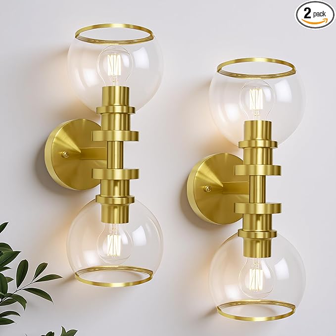 Bathroom Sconces Set of Two, Brushed Gold Wall Sconces with Clear Glass, Hardwired Modern Sconces Wall Decor Set of 2, Wall Light Fixtures for Bathroom Living Room Mirror Hallway Bedroom