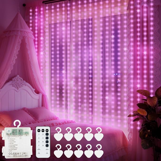 echosari Curtain Lights Battery Operated 9.8 x 9.8Ft with Timer Pink | 300 LED Fairy Lights with Hooks for Bedroom Wedding Backdrop Indoor Decor