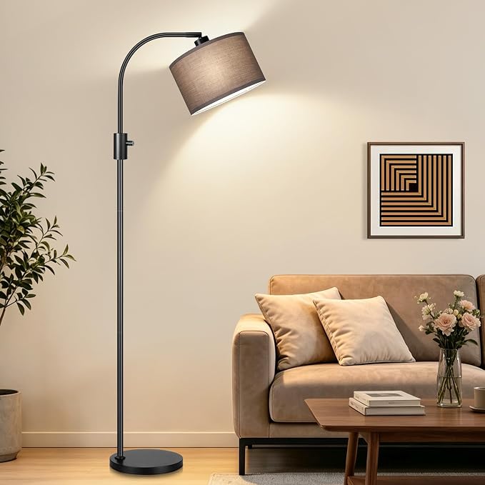 Nintiue Dimmable Black Floor Lamp, 1200 Lumens LED Edison Bulb Included, Arc Gold Floor Lamps for Living Room Modern Standing Lamp with Khaki Shade