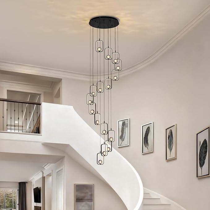 16 Lights Modern Staircase Chandelier Black Entryway High Ceiling Light Modern LED Chandelier16 Lights Black Crystal Light Fixture for Staircase Foyer Entryway Living Room