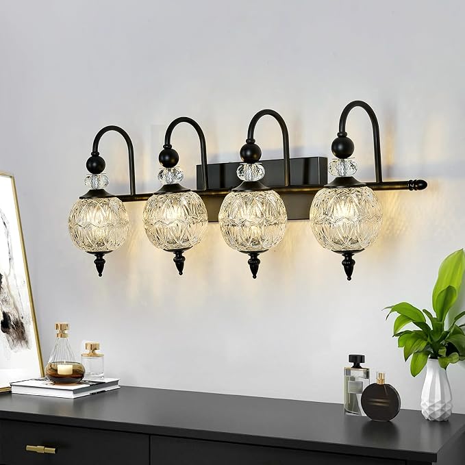 Piepooye Vintage Bathroom Light Fixtures Black Vanity Light with Glass Globe LampShade 4 Lights Mid Century G9 Bulb Wall Sconce Indoor Vanity Light Over Mirror for Kitchen Bedroom Farmhouse
