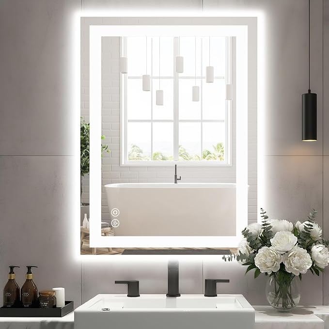 Sweetcrispy 28"x 36" Smart Anti-Fog LED Bathroom Mirror with Lights and Front Light & Backlit, 3 Color Temperatures, Dimmable, Memory Function, Rectangle Modern Vanity Mirror