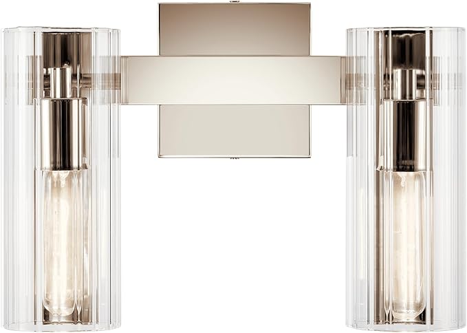 Kichler Jemsa 2 Light Vanity, Modern Light with Clear Fluted Glass in Polished Nickel for Bathroom or Powder Room (9.75" x 13.75"), 55167PN