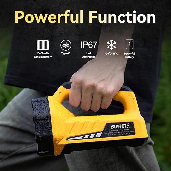 SUNREI 1500LM Rechargeable Box Flashlight, 10400mAh Emergency Lantern | IP67 Waterproof Portable Light with 8 Modes for Home Power Outages, Hurricane Emergencies, Outdoor Hiking & Camping