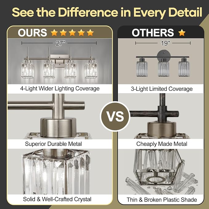 Torondo Modern Crystal Bathroom Vanity Light 4-Light Brushed Nickel Bathroom Light Fixtures Over Mirror Vanity Lighting Fixtures Square Shade Wall Sconce (Bulbs Not Include)