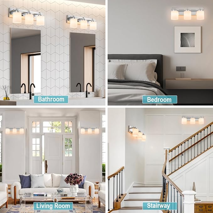 Modern Bathroom Light Fixtures Over Mirror, Vanity Lights for Bathroom Wall Sconces with Milky White Glass Shades, E26 Socket (Bulbs Not Included), 3 Light, Chrome