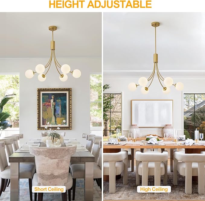 Modern Mid Century Gold Chandeliers, 6-Light Glass Globe Chandeliers Hanging Sputnik Chandelier Light Fixtures for Dining Room Living Room Bedroom Kitchen Island Foyer