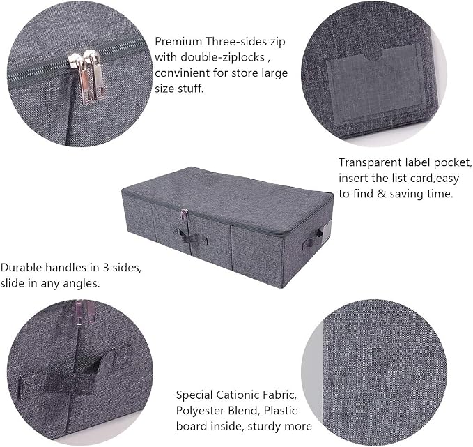 Folding Fabric Rigid Under Bed Closet Storage Bins with Zip Lid,Black Gray | Under bed Storage Boxes for Bedding/ Clothes/ Duvets/ Blankets/ Shoes, Hard Plastic Boards inside, 4 Handles, Washable