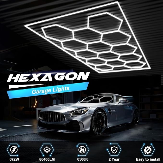 FERUERW Hexagon Garage Lights with Rectangle Frame, 3 Color Temperature | 2700/4300/6500K Adjust Color Temperature, for Garage, Shop, Basement, Car Detailing Shop etc. with Mounting Clip