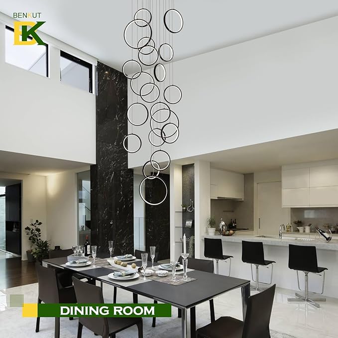 20 Ring High Ceiling Chandelier Foyer, Black Modern LED Large Staircase Long Chandeliers Light Fixture with Remote for Staircase Entryway Living Room Dining Room(118in, 3000K-6500K)