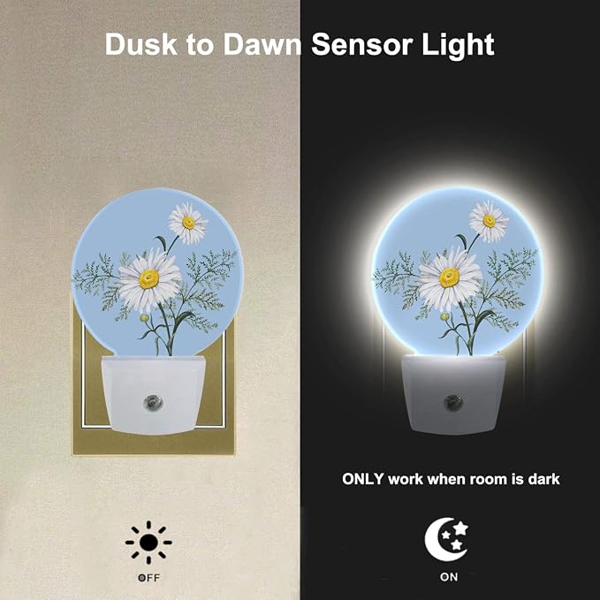 EKOBLA Daisy Night Light, Watercolor White Daisy Flower Night Lights Plug Into Wall with Auto Sensor for Home Decor