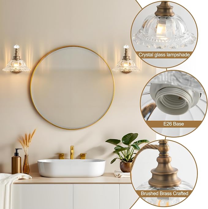 Vintage Bathroom Vanity Light Fixtures, with Floral White Glass Shade, 1-Light Brass Light Fixtures Over Mirror Mid Century Farmhouse Wall Mount Lighting for Bedroom, Living Room, Hallway