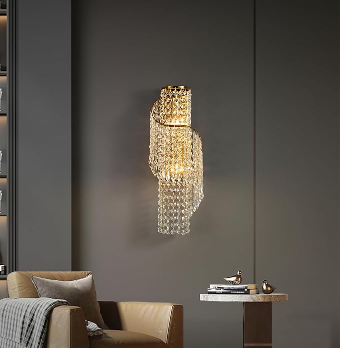 K9 Crystal Wall Sconces Gold - Luxury Indoor Wall Light Fixtures, Crystal Vanity Wall Mount Lamps for Living Room, Bedroom, Bathroom, Bedside, Hallway Stairway(Easy Install) (Golde)