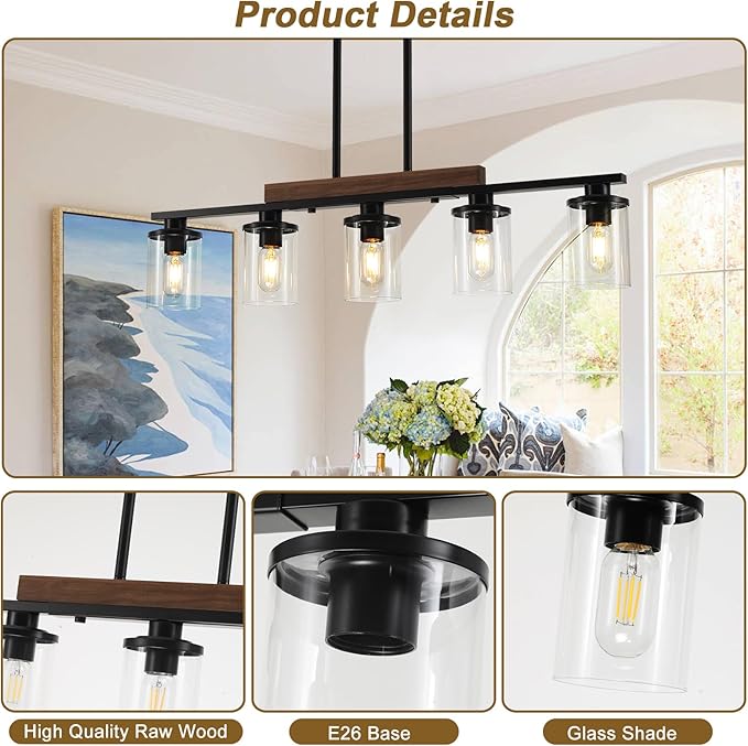 36.2‘’ Kitchen Lighting, 5-Light Dining Room Light Fixture Chandelier Over Table, Black Modern Rustic Wood Ceiling Pendant Light Fixtures, with Clear Glass Shade, Farmhouse Chandelier | 5-Light, Modern Rustic Wood Frame, Adjustable Height, Clear Glass ...