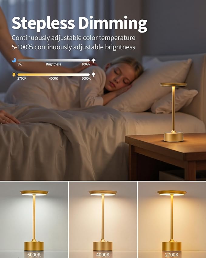 PUSU Rechargeable Table Lamps Set of 2, Gold Cordless Portable Desk Lamp | 4000mAh Battery, Stepless Dimming & 3 Color 2700K-6000K, LED Lamp for Bedroom, Living Room, Restaurant, Outdoor, Night Light