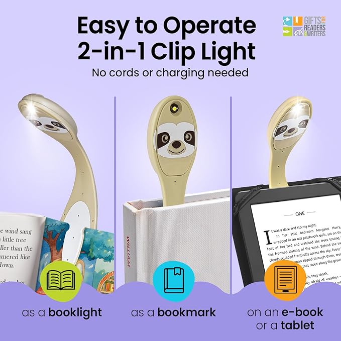 Gifts for Readers & Writers Book Light, Clip On Reading Light for Bed, 2in1 Flexilight & Bookmark, Small & Lightweight with a Soft Glow, 2 Batteries Included, Sloth