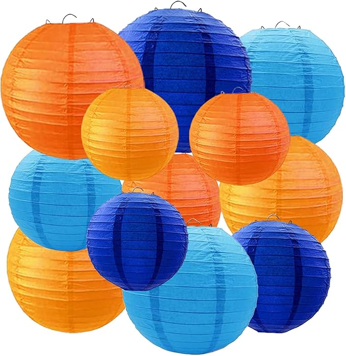 Blue Orange and Navy Blue Paper Lanterns 12Pcs Hanging Round Paper Lanterns Decorative for Graduation Baby Shower Wedding Birthday Family Parties ﻿