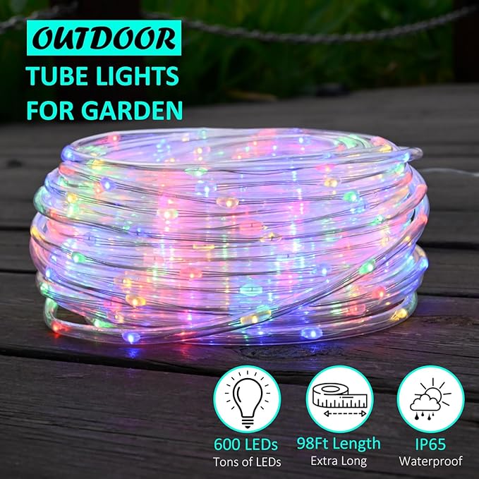 Rope Lights Outdoor, 98ft 600 LED Multicolor Rope Light Plug in, Waterproof Outdoor String Lights for Garden, Tree, RV, Camping, Patio, Holiday Decor, Party (RGB)