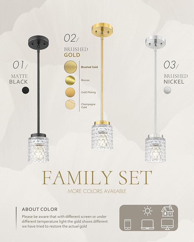 FEMILA Hammered Glass Pendant Lights, 4" Mini Pendant Lighting for Kitchen Island, Bedroom, Living Room, E26 Base, Brushed Nickel FIninsh, 4FY86MIL BN