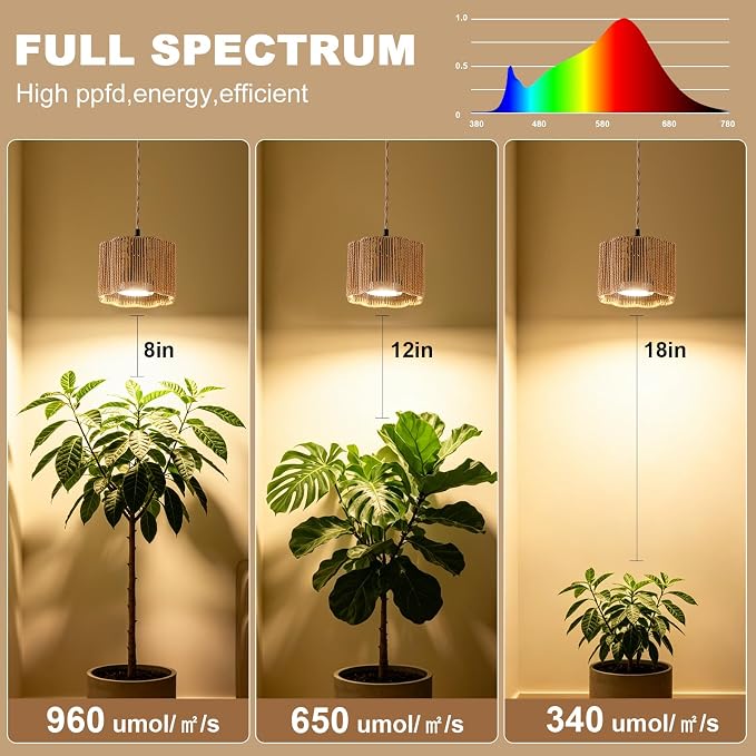 Hanging Grow Light, 30W LED Lamp with Timer for Indoor Plants | 4000K LED plant lamp with 15 ft cord, outlet timer, and boho paper rope shade for succulents, herbs, and low-light rooms.