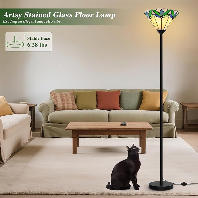 Stained Glass Floor Lamp with Tree Leaf Pattern, Vintage Style Torchiere Floor Lamp, Tall Corner Pole Lamp with Foot Switch, Antique Decorative Standing Reading Light for Living Room Bedroom(E26 Base)