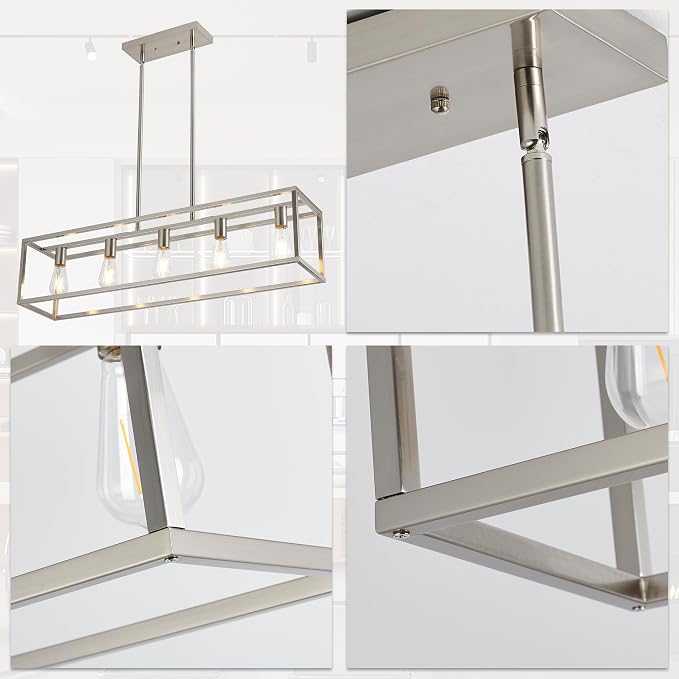Dining Room Light Fixture, Modern Linear Hanging Light Fixture Matte Brushed Nickel 5-Light Industrial Pendant Lighting for Kitchen Island