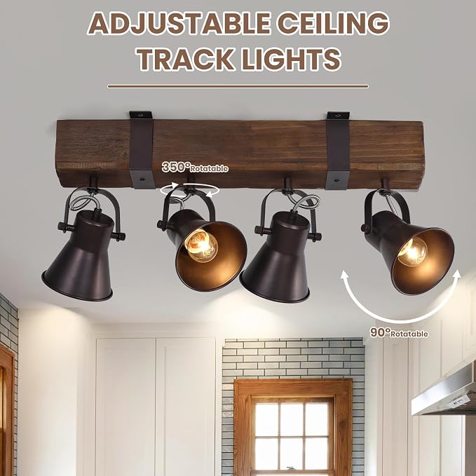 4 Light Semi Flush Mount Ceiling Light, Farmhouse Wooden Track Lighting Fixtures Ceiling, Rustic Kitchen Lights Ceiling for Island Dining Room Living Room.