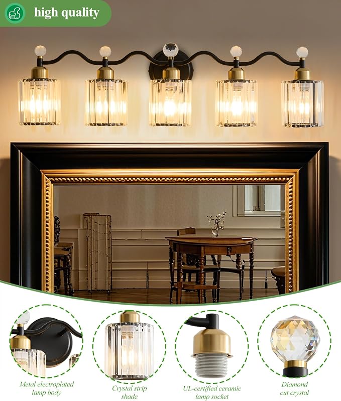 Black&Gold Bathroom Vanity Light Fixtures Over Mirror,5-Light Crystal Bathroom Light Fixtures,Vanity Light Fixtures Over Mirror,Wall Sconce with Clear Crystal Glass Shade, Kitchen, Living Room