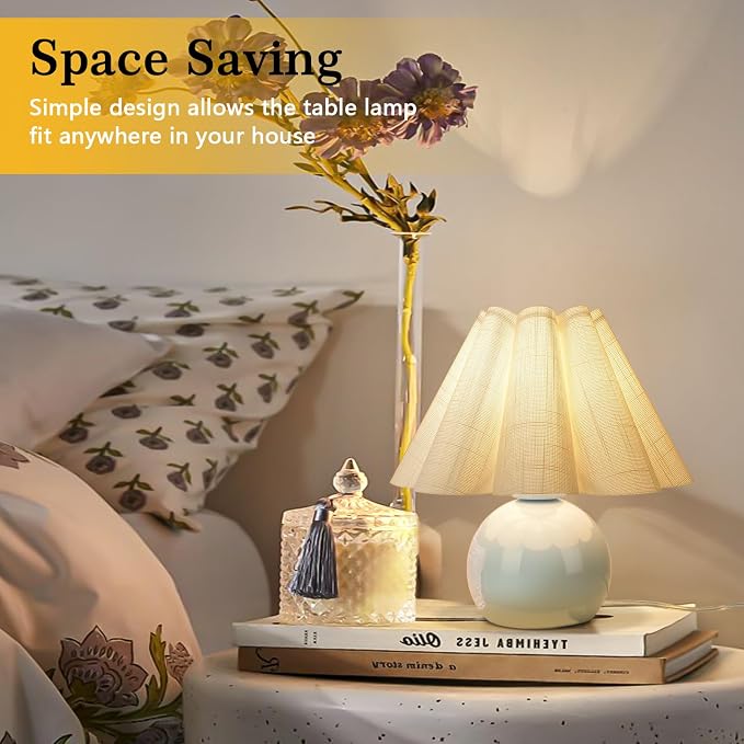 Light Blue Small Touch Control Table Lamp for Bedroom,Blue Bedside Lamps for Nightstand,Cute Mini Small Table Lamps for Small Spaces with Scalloped Shade for Kitchen Counter,Bookshelf,Living Room