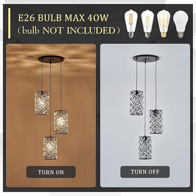 Black Crystal Cluster Pendant Light, 3-Light Kitchen Island Hanging Light | 3-light black crystal pendant with adjustable height, E26 sockets, dimmable for kitchen islands, dining rooms and bedrooms