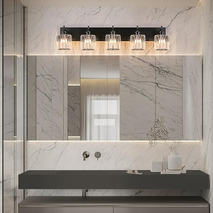 Black Crystal Bathroom Vanity Lights, Modern 5-Lights Bathroom Lighting Fixtures Over Mirror, Crystal Wall Lighting with Round Shade