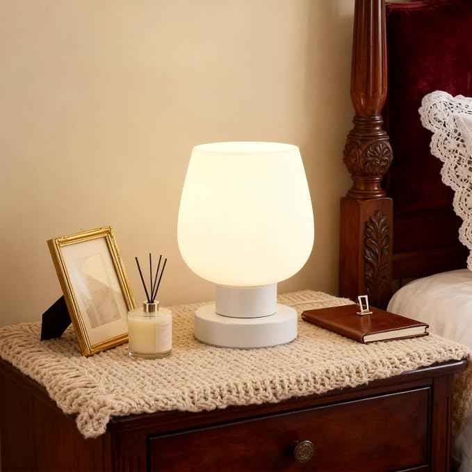 Touch Table Lamp with 3 Way Dimmable for Bedroom Nightlight Living Room, Modern Desk Lamp with LED Bulb, White Opal Glass Lamp Shade, Metal Base