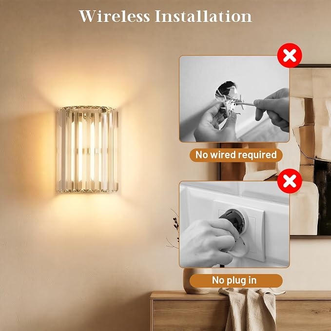 Brushed Nickel Battery Operated Wall Sconces Set of 2, Crystal Wireless Wall Light with Remote, Rechargeable Cordless Wall Lamp 12 RGB and 3 CCT Dimmable Decor for Bedroom Living Room