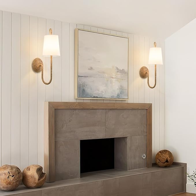 Boho Coastal Rattan Wall Sconce: Set of 2 Wicker Hardwired Bathroom Lights | Natural Woven Bohemian Beachy Nautical Sconces, White Fabric Scalloped Light Fixture for Bedroom Bedside Vanity Hallway Decor