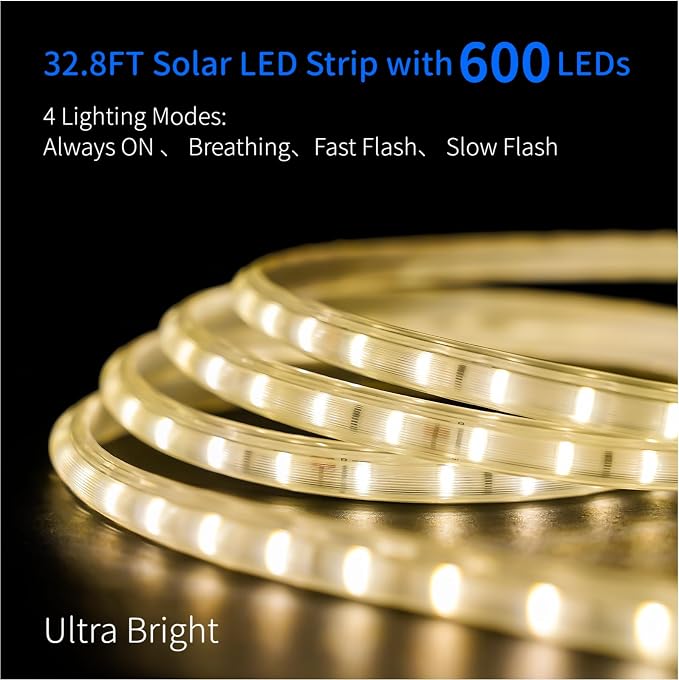 Solar Rope Lights Outdoor Waterproof 32.8 FT 3000K for Garden, Stair, Step | 4000mAh Battery 600 LEDs 3000K Warm White Solar Powered Dusk to Dawn IP65 Bright Thick with 4 Modes Landscape Lighting