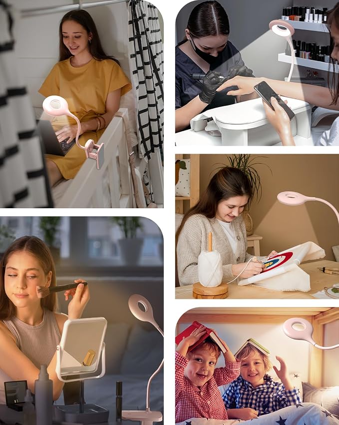 CUHIOY Rechargeable Clip on Reading Light for Bed Headboard, Pink, 1 Pack | Large Clamp Flexible Neck, Battery Desk Lamp, 5 Color 5 Brightness Touch Control, Flicker-Free LED Bedside Night Light