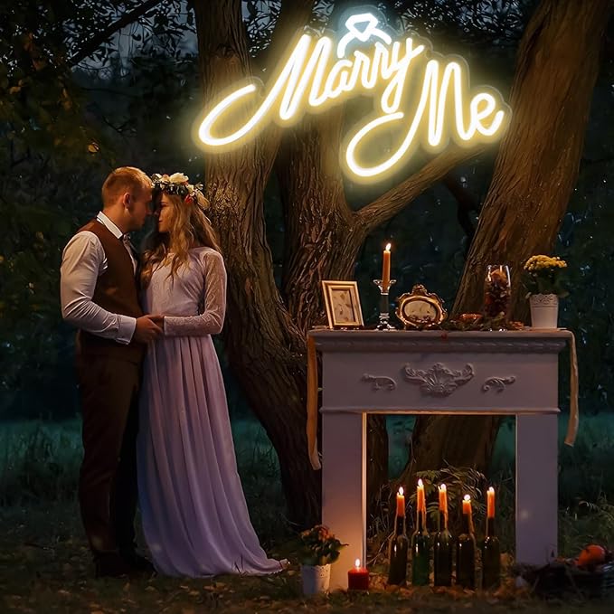 Marry Me Neon Sign, LED Neon Sign Wall Decor for for Engagement Proposal Wedding Ceremony Backdrop Wall Background Decorations, 16"x 9" USB Powered 10 Warm Brightness Light up Letters Signs