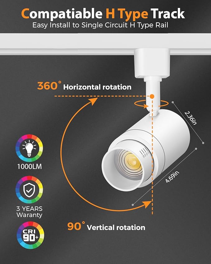 5-Color Zoomable H Track Lighting Heads H Type Track Light Heads Dimmable LED Track Lighting Fixtures Ceiling Spot Light, H Style Track Heads for H Track Lighting Rails White CRI90 12W 12 Pack