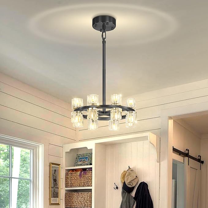 D16 Small Wagon Wheel Chandeliers 16-Lights Black Round Chandelier Pendant Light for Kitchen Island Crystal Chandeliers for Dining Room,Living Room