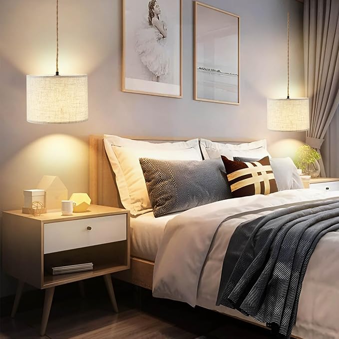 Plug in Pendant Light, Hanging Light with Plug in Cord with Dimmable Switch, Hanging Lamp with 15ft Hemp Rope, Beige Linen Shade, Fixture for Bedroom, Living Room 2 Pack