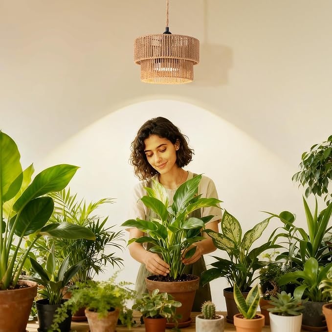 Hanging Grow Light, 30W LED Lamp with Timer for Indoor Plants | 4000K LED plant lamp with 15 ft cord, outlet timer, and boho paper rope shade for succulents, herbs, and low-light rooms.