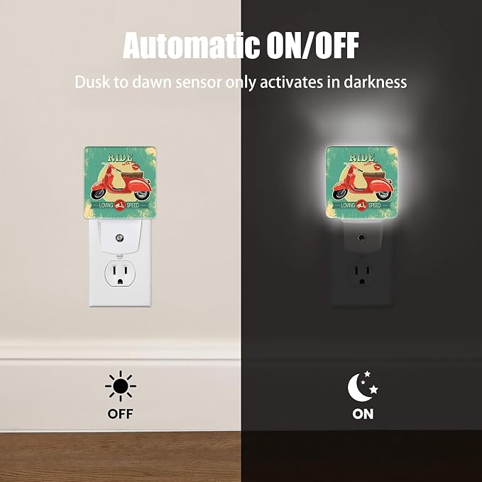 Hipster Vintage with Red Retro Bike Night Light, Dusk to Dawn Smart Sensor Nightlight for Bedroom Bathroom Kitchen Hallway Stairs Hallway, Plug-in, Energy Efficient Decor Desk Lamp Gifts