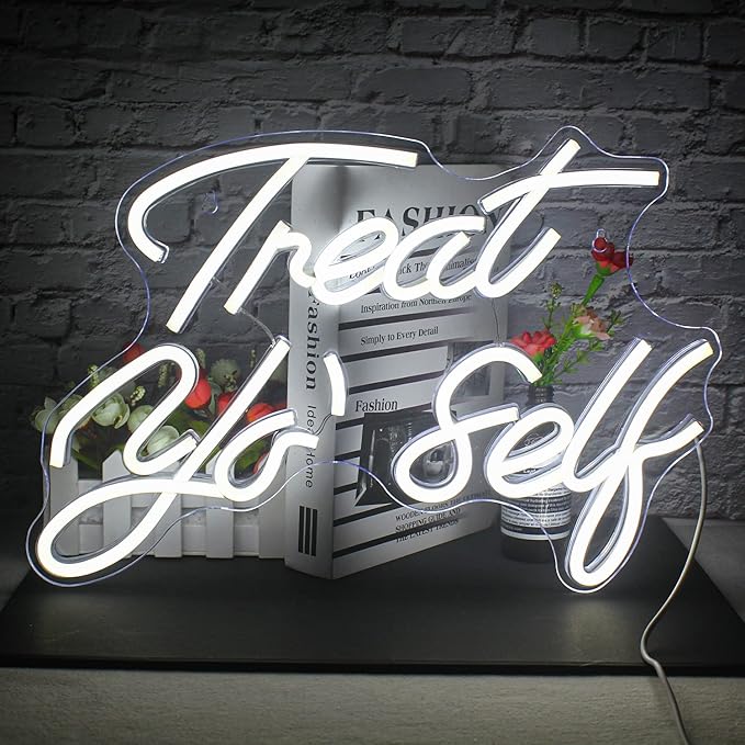 Treat Yourself Neon Sign White Led Word Neon Lights Usb Neon Light Signs for Bedroom Home Light Up Letter Neon for Birthday Party Gifts