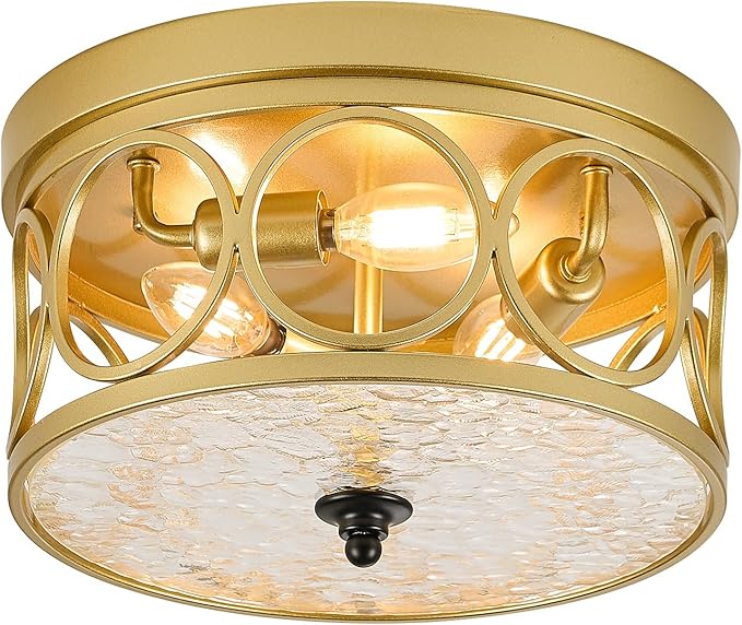 3-Light Flush Mount Ceiling Light Fixtures,11.2in Gold Metal Farmhouse Ceiling Lighting with Clear Glass & E12 Socket,for Kitchen Island, Bedroom, Entryway, Dining Room