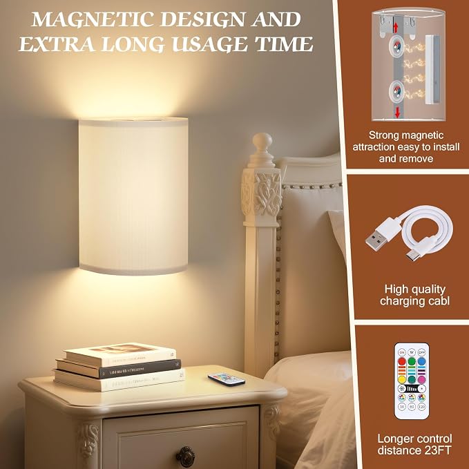 OCATO Wall Sconces Battery Operated Wireless Wall Sconces Set of Two | Battery Operated Magnetic Lamp Rechargeable Lights Dimmable with 16 RGB Walls Decor with Remote Timer for Bedroom Living Room