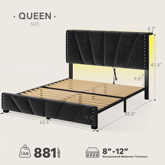 EnHomee Queen Bed Frame with LED Lights & USB, Noise-Free, Black | Adjustable Velvet Headboard，Under-Bed Storage，Heavy Duty Support with 12 Slats，No Box Spring Needed，Easy Assembly for Bedroom